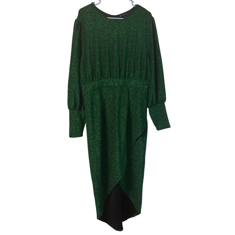 Emerald Green Metallic Midi Dress 1XL Tulip Wrap Party Cocktail Bishop Sleeve